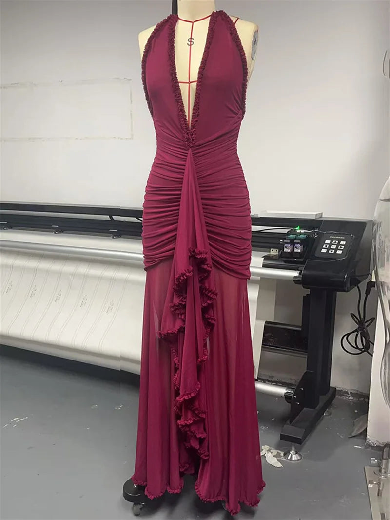 robe longue dos nu élégante – Col V plongeant & détails plissés