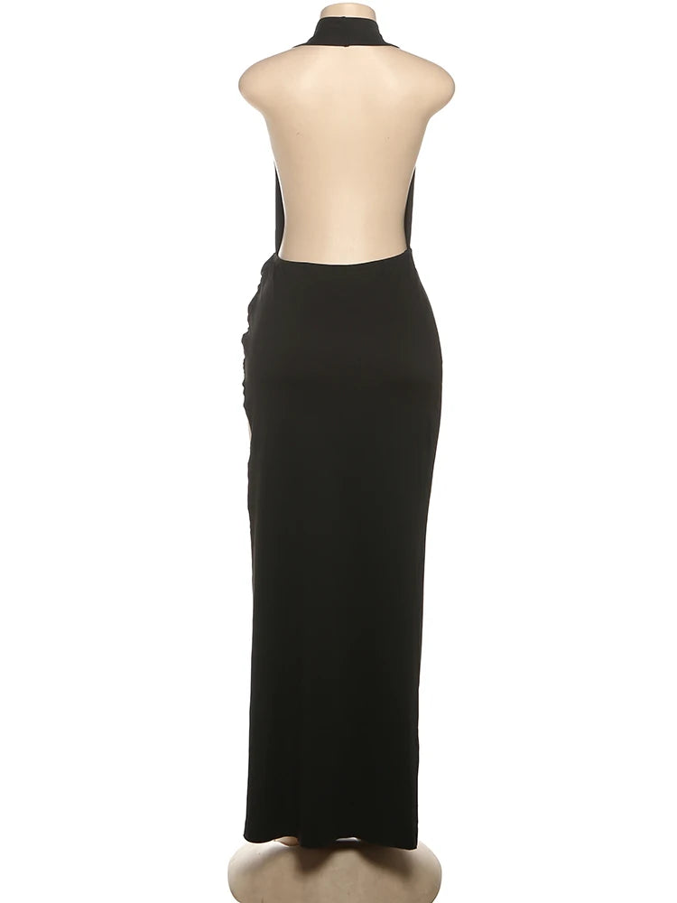 Robe longue dos nu avec fente – Col V plongeant, élégante et sexy