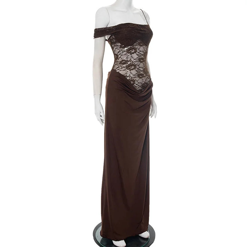 Robe longue sexy en dentelle – Épaule dénudée & dos nu élégant