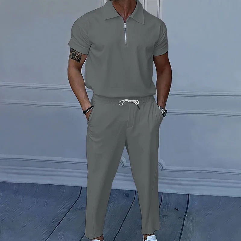 Ensemble homme 2 pièces – Polo col zippé & pantalon droit élégant
