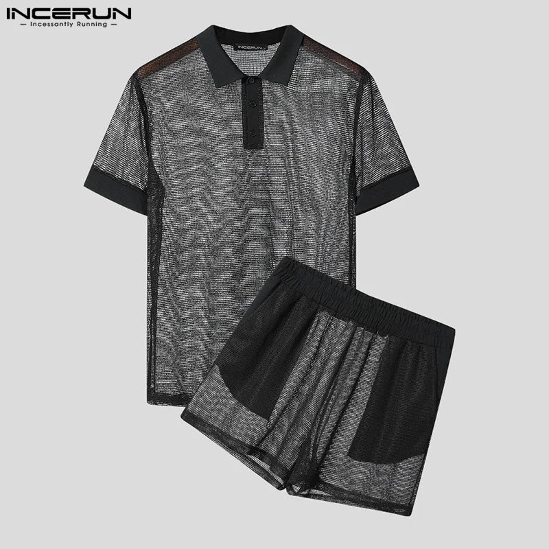 Ensemble homme été – Short & polo filet transparent streetwear
