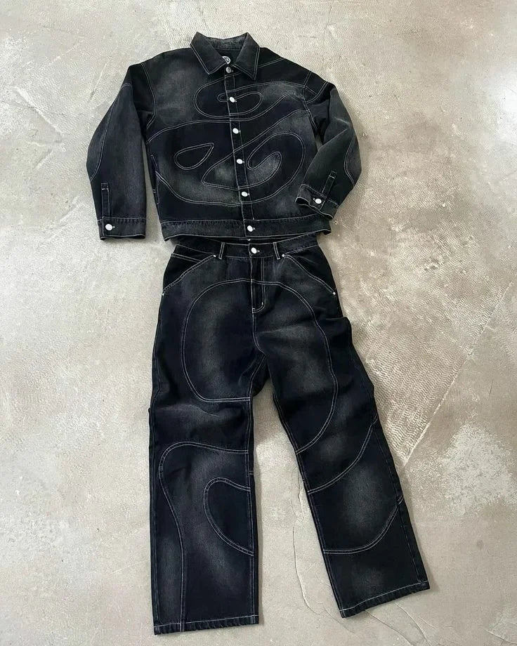 Ensemble veste + jean patchwork vintage – Style Y2K hip-hop