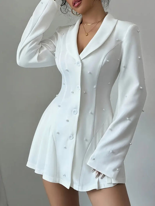 Blazer robe blanc élégant à perles – Style chic et féminin