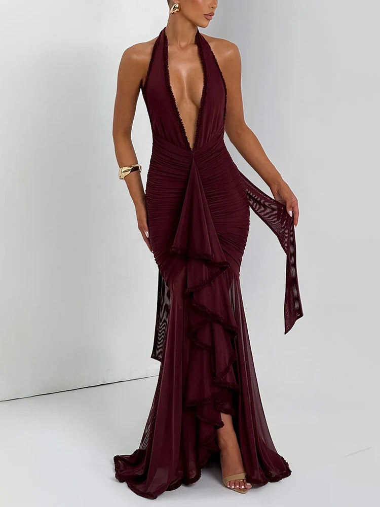 robe longue dos nu élégante – Col V plongeant & détails plissés