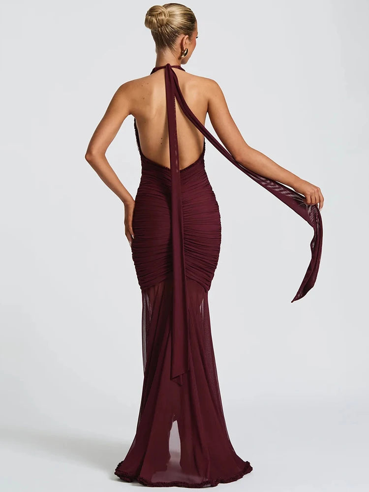robe longue dos nu élégante – Col V plongeant & détails plissés