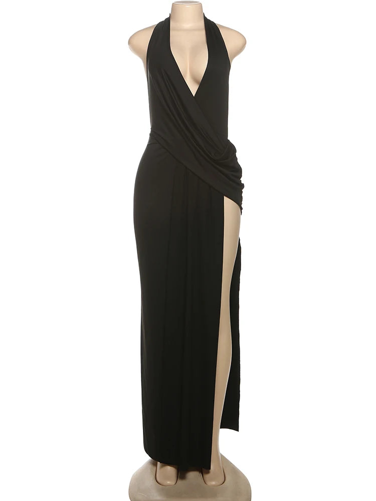 Robe longue dos nu avec fente – Col V plongeant, élégante et sexy