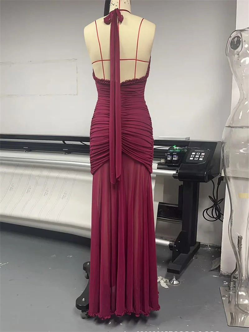 robe longue dos nu élégante – Col V plongeant & détails plissés
