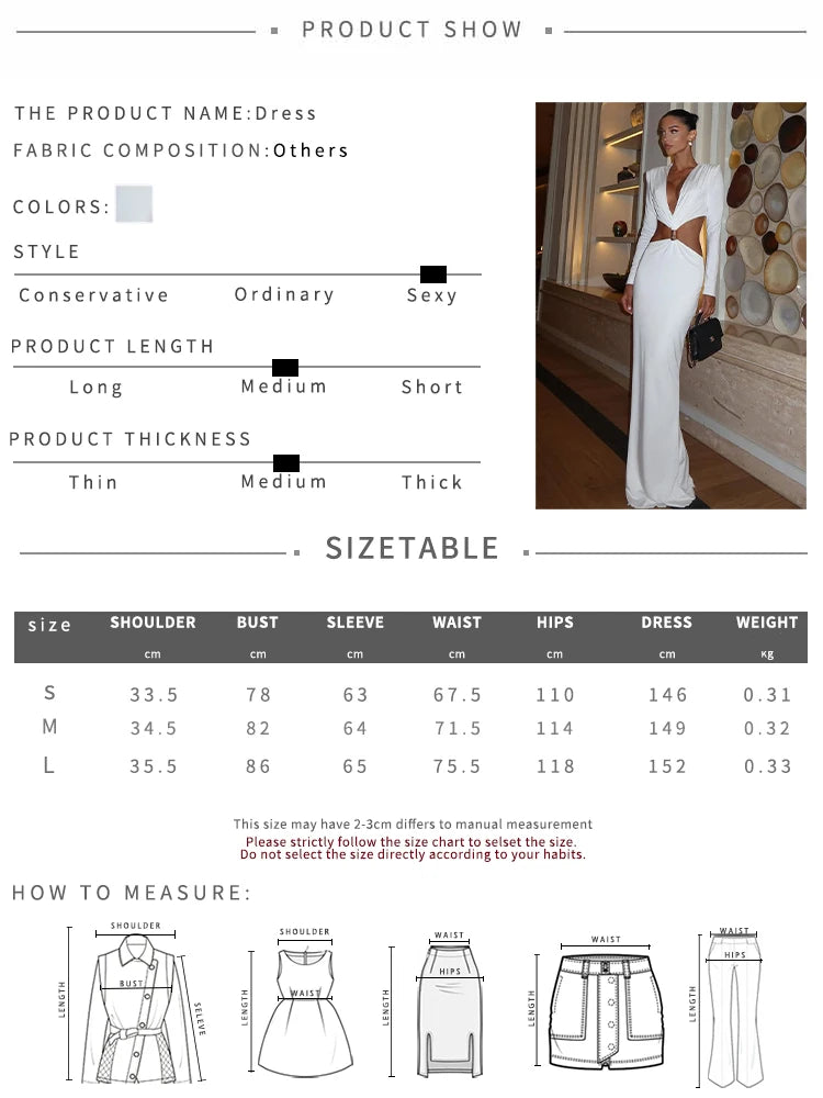 Robe longue sexy à boucle métallique – Col V profond & manches longues élégantes