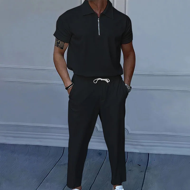 Ensemble homme 2 pièces – Polo col zippé & pantalon droit élégant