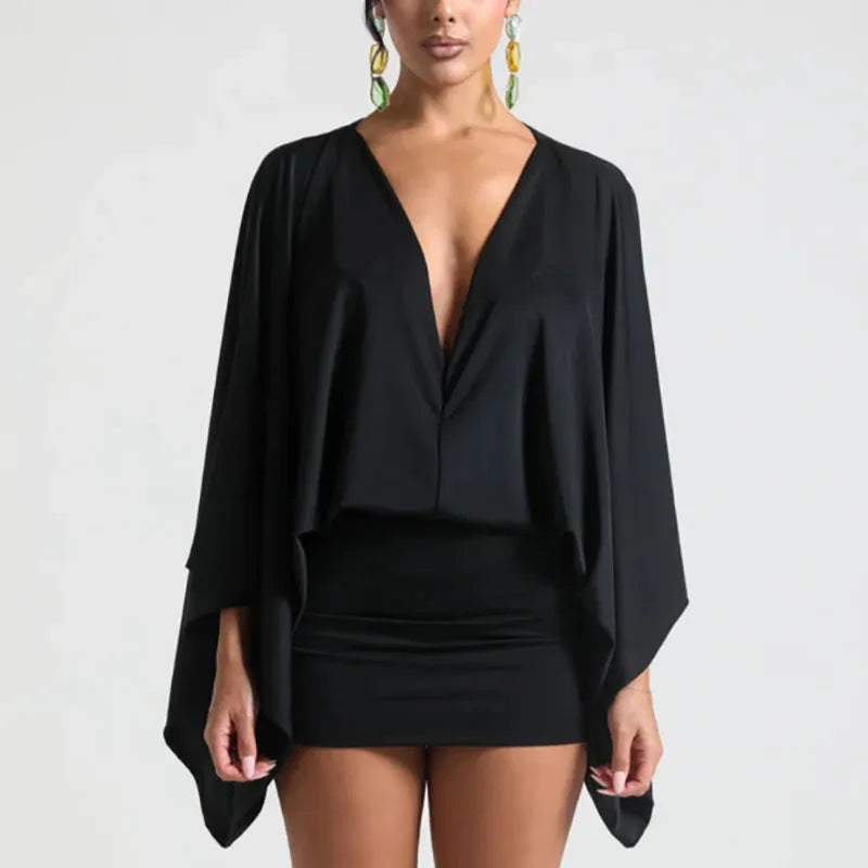 Mini-robe chic col V profond – Manches amples élégantes