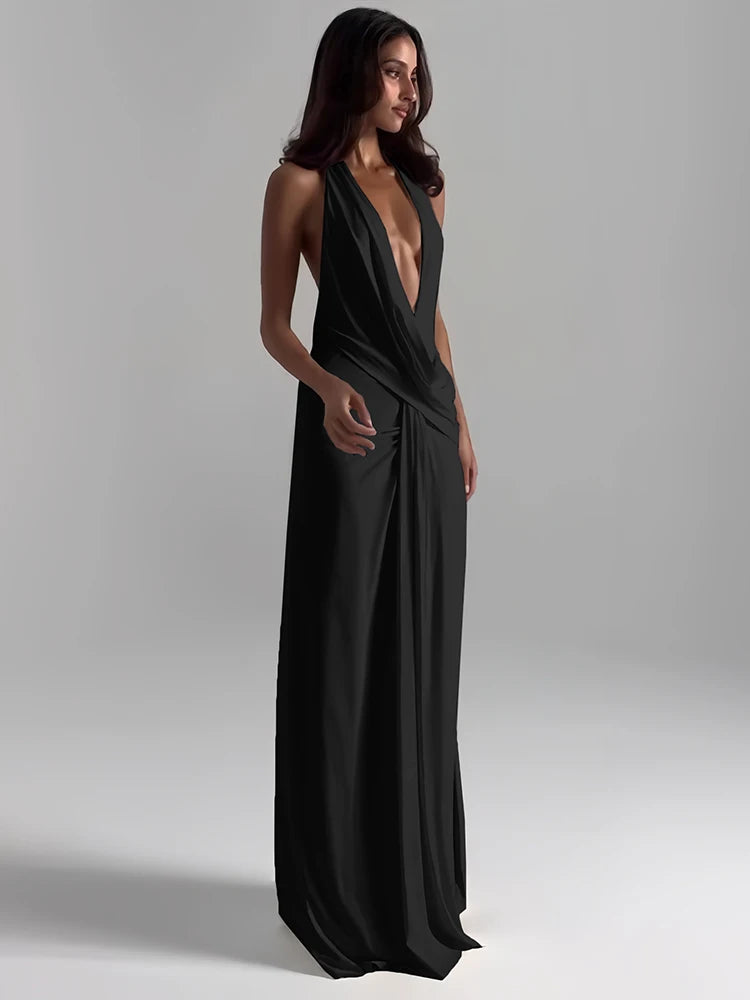 Robe longue dos nu avec fente – Col V plongeant, élégante et sexy