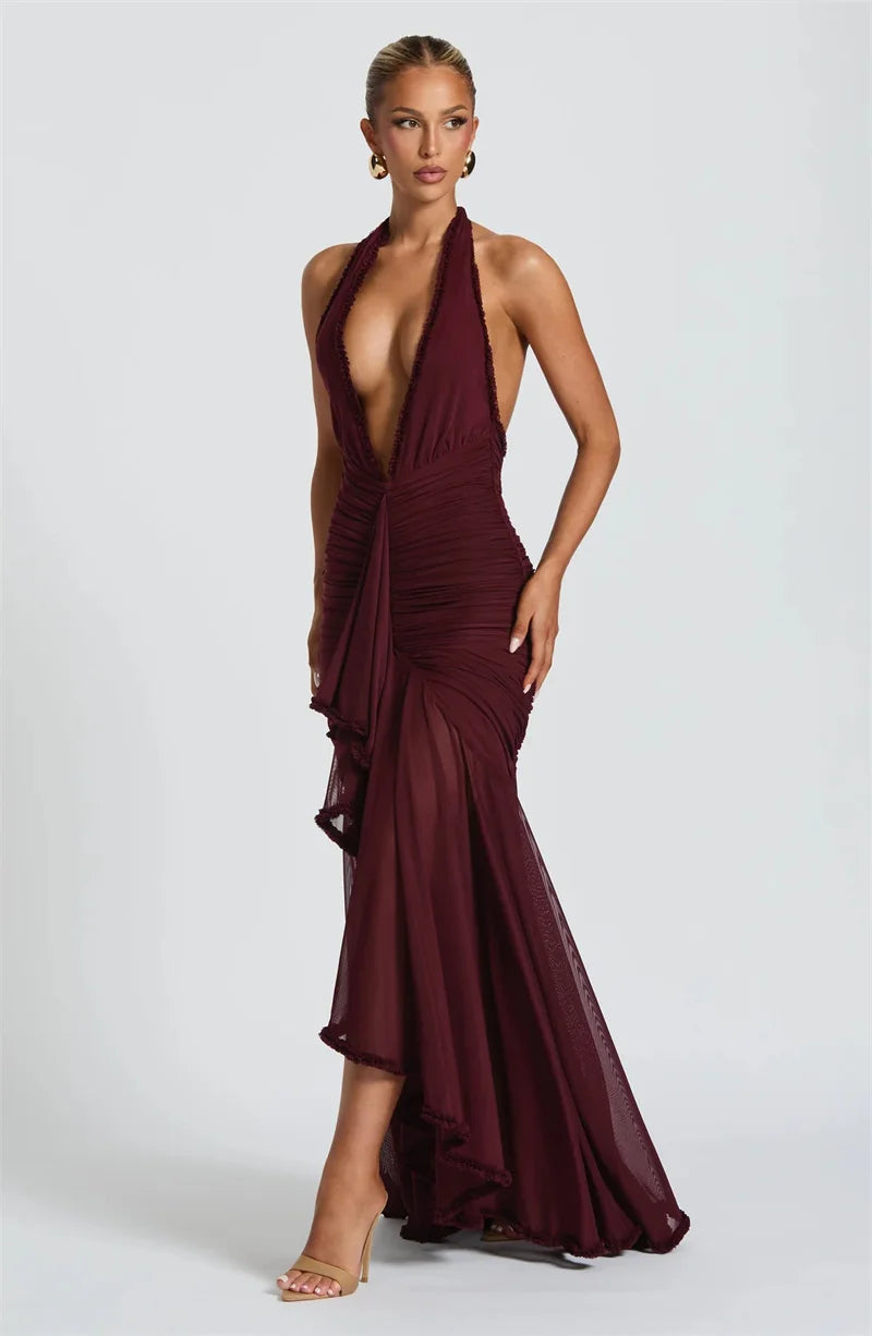 robe longue dos nu élégante – Col V plongeant & détails plissés