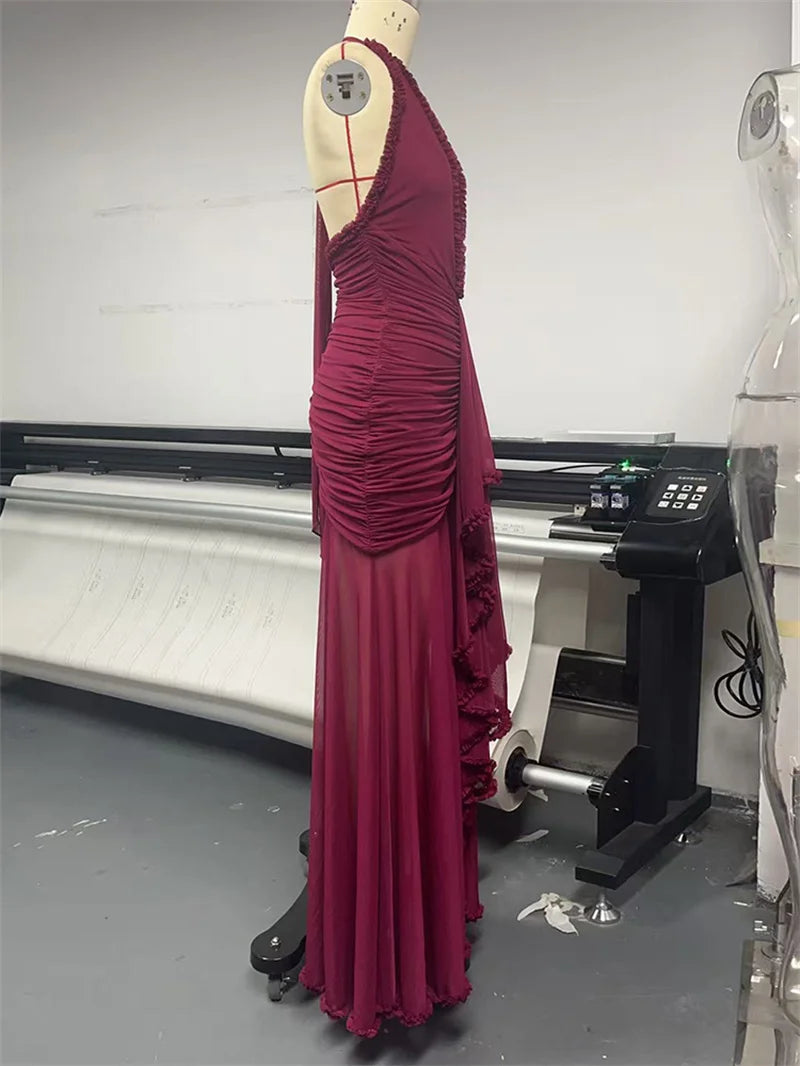 robe longue dos nu élégante – Col V plongeant & détails plissés