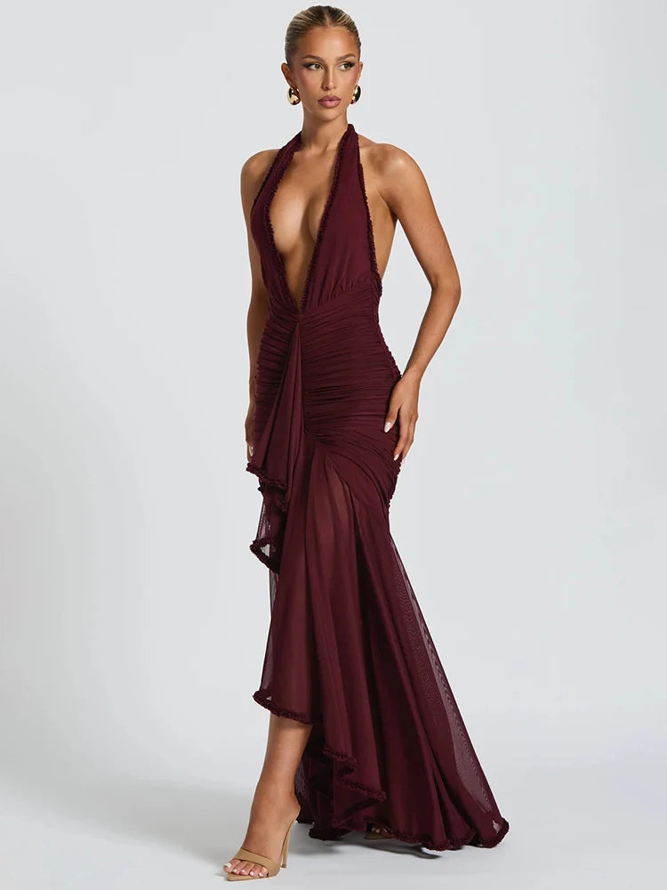 robe longue dos nu élégante – Col V plongeant & détails plissés