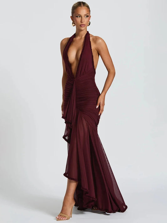 robe longue dos nu élégante – Col V plongeant & détails plissés