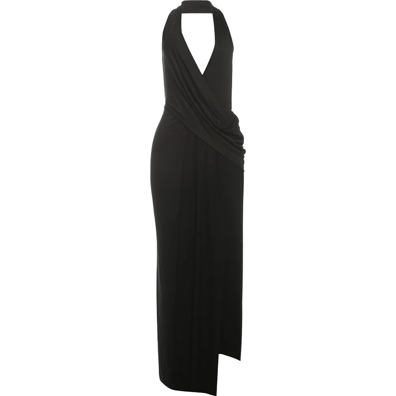 Robe longue dos nu avec fente – Col V plongeant, élégante et sexy