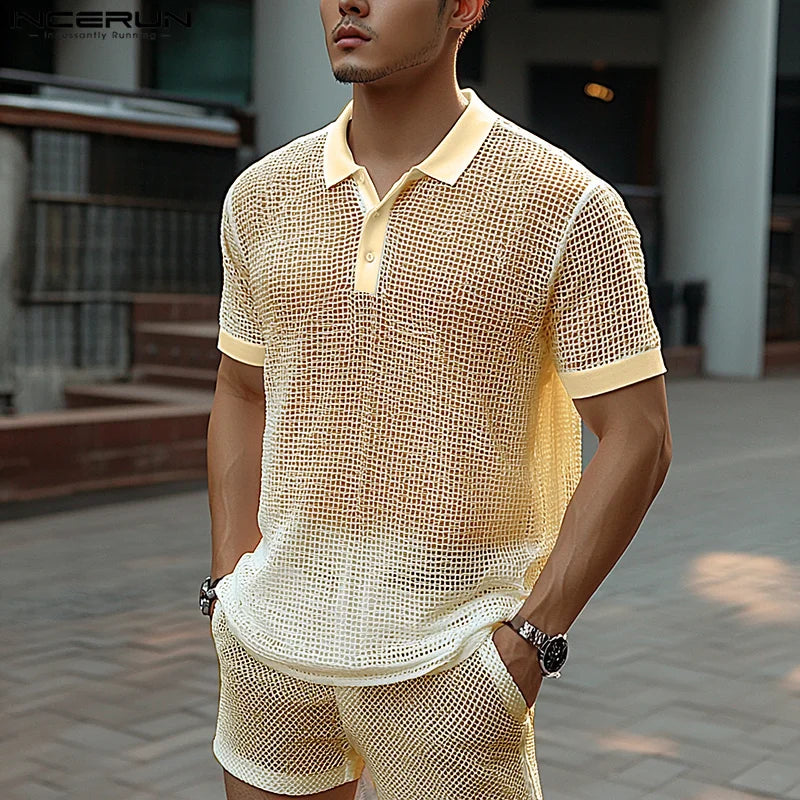 Ensemble homme été – Short & polo filet transparent streetwear