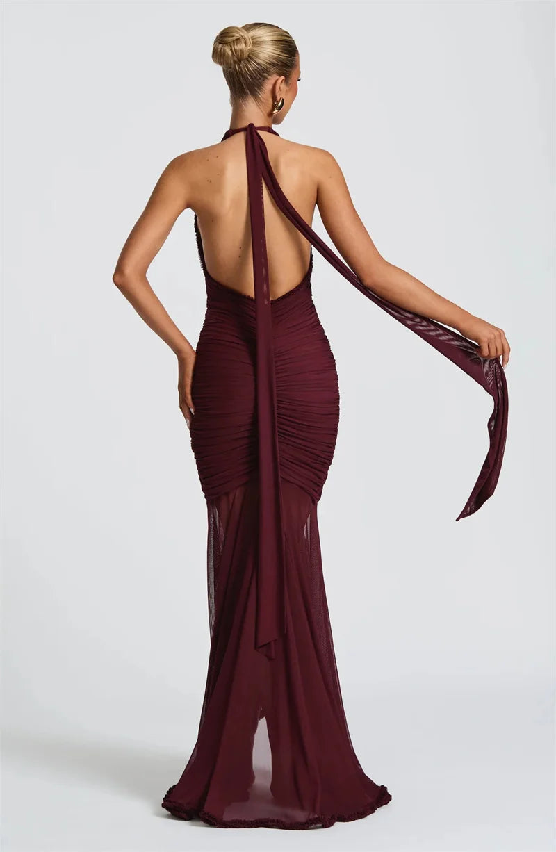 robe longue dos nu élégante – Col V plongeant & détails plissés