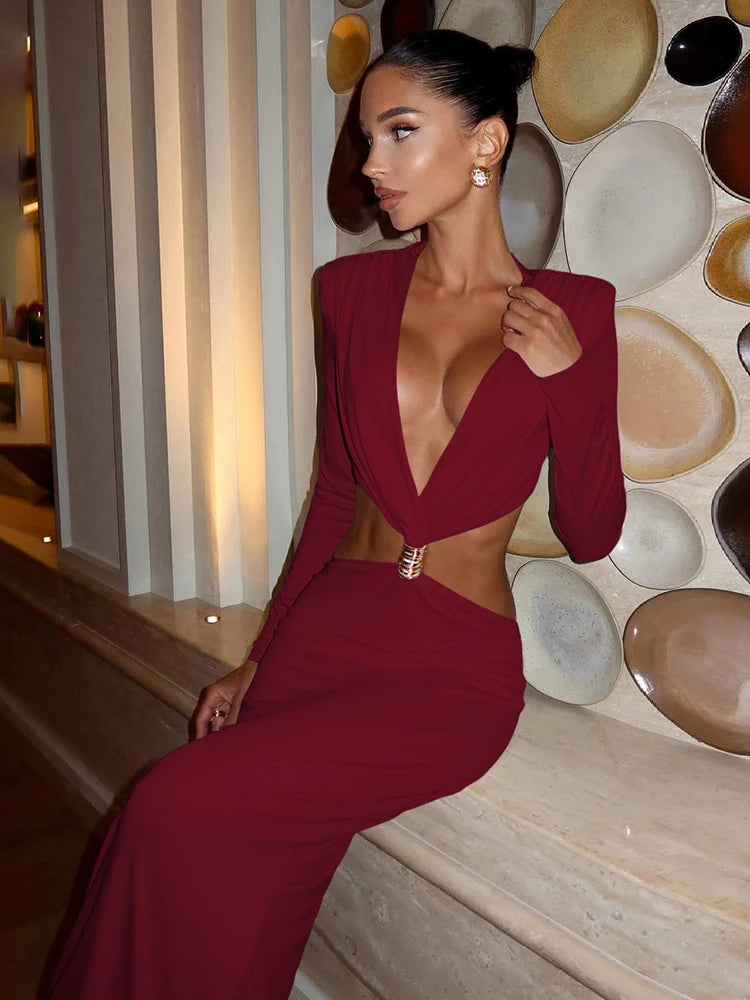 Robe longue sexy à boucle métallique – Col V profond & manches longues élégantes