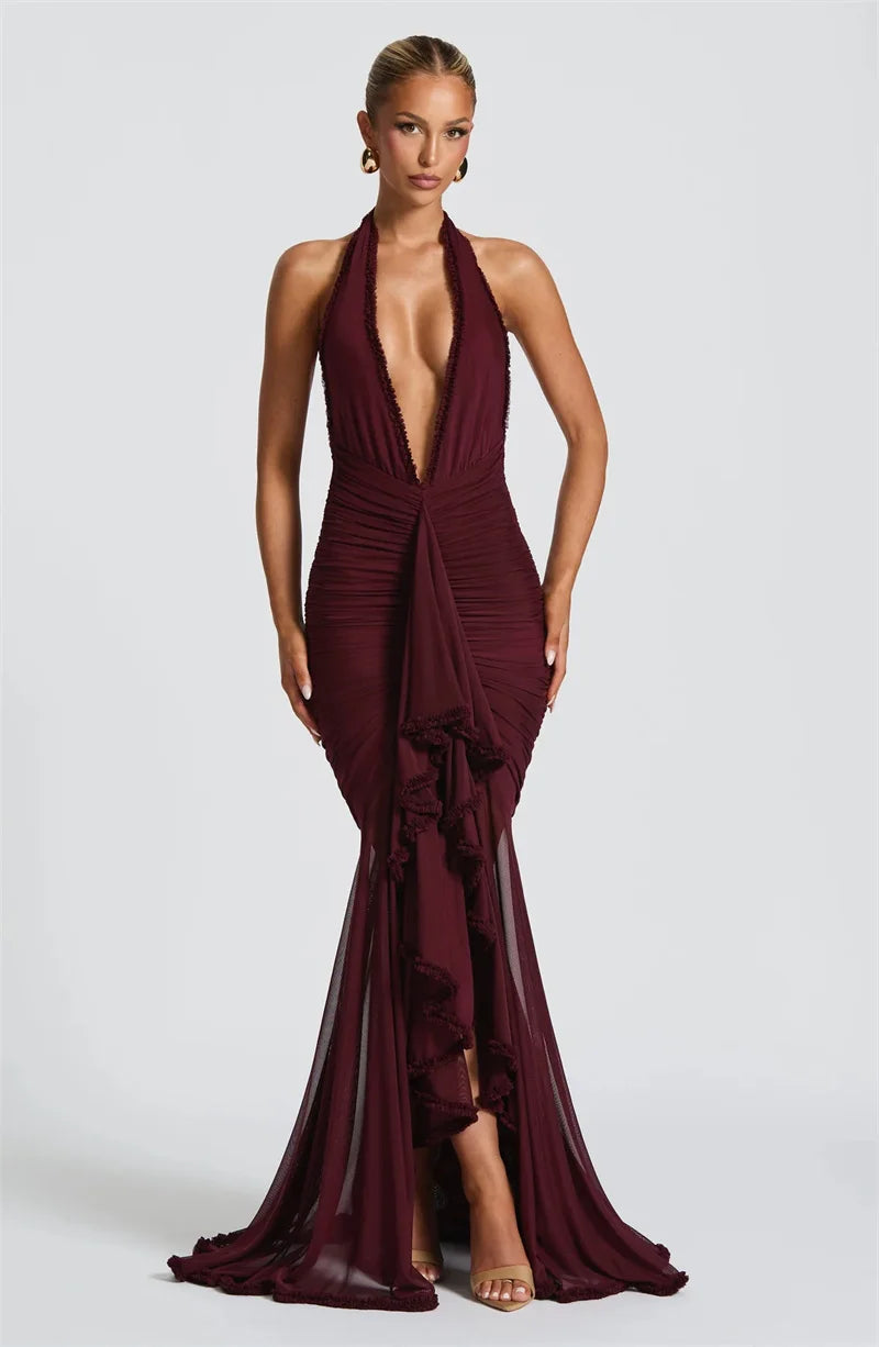 robe longue dos nu élégante – Col V plongeant & détails plissés