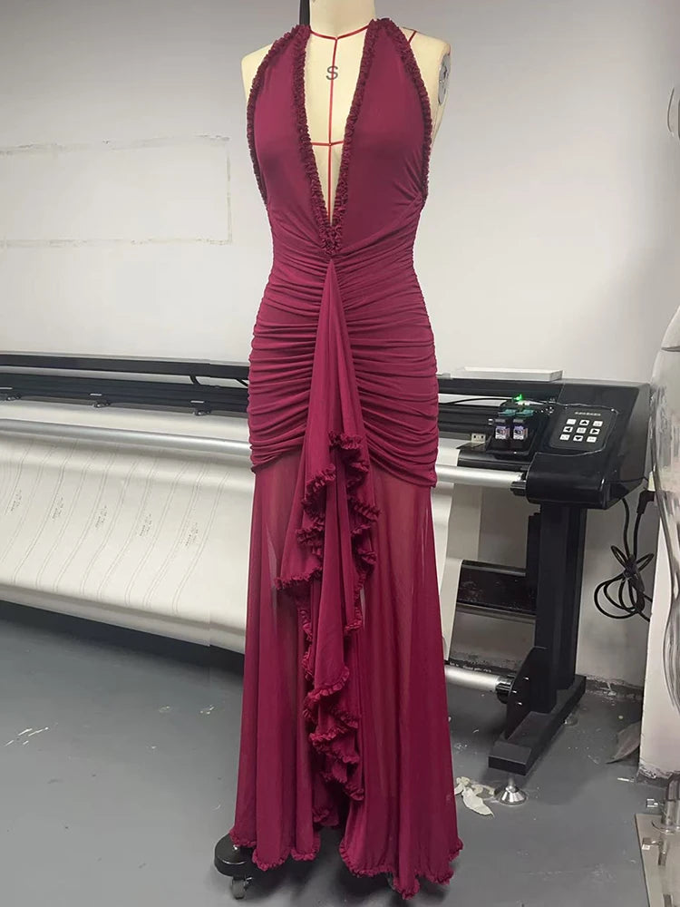robe longue dos nu élégante – Col V plongeant & détails plissés
