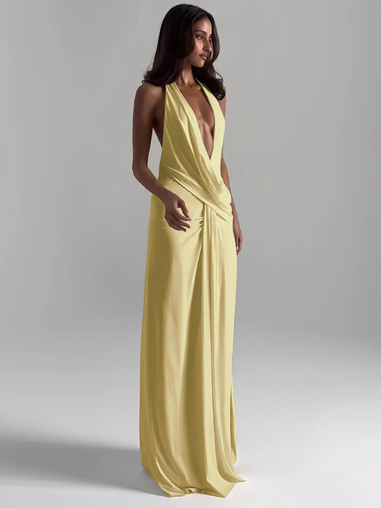 Robe longue dos nu avec fente – Col V plongeant, élégante et sexy