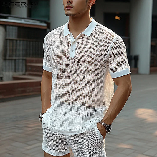 Ensemble homme été – Short & polo filet transparent streetwear