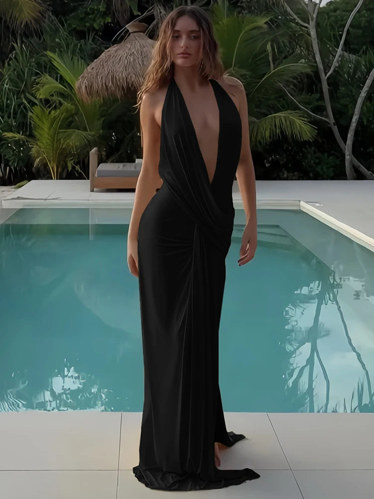 Robe longue dos nu avec fente – Col V plongeant, élégante et sexy