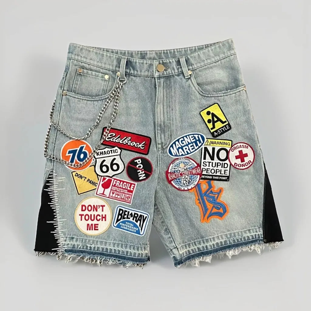 Short en denim patchwork rétro – Style Y2K streetwear