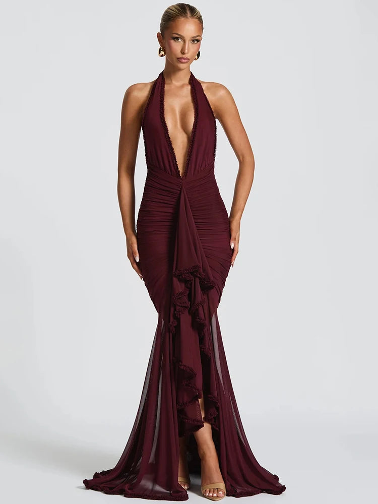 robe longue dos nu élégante – Col V plongeant & détails plissés