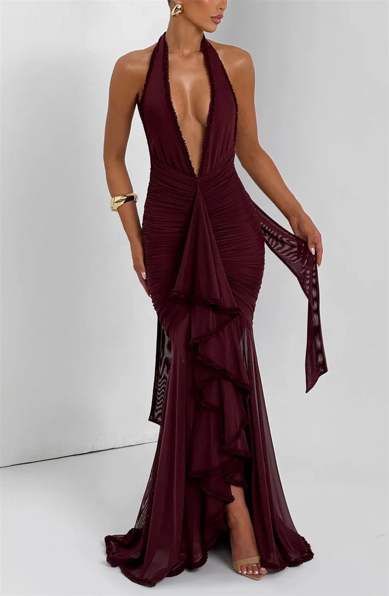 robe longue dos nu élégante – Col V plongeant & détails plissés